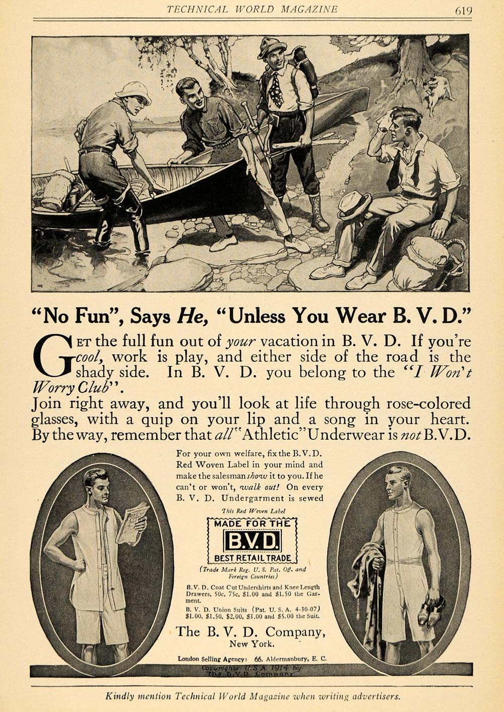 1914 Ad B. V. D. Underwear Canoe Camping Athletic Boots - ORIGINAL