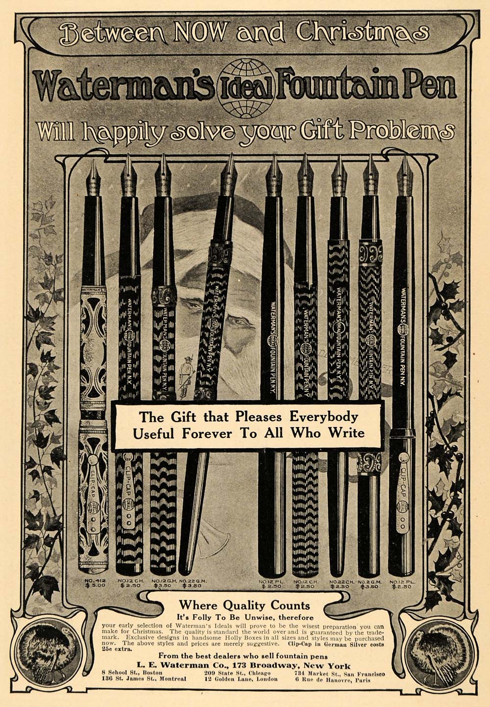 1908 Ad Waterman's Ideal Fountain Pen Writing Turkey - ORIGINAL ADVERTISING TW3
