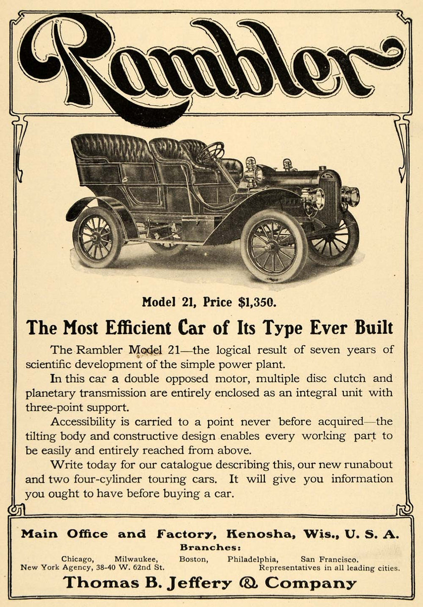 1907 Ad Rambler Model 21 Thomas Jeffery Auto Car Motor - ORIGINAL TW3 ...