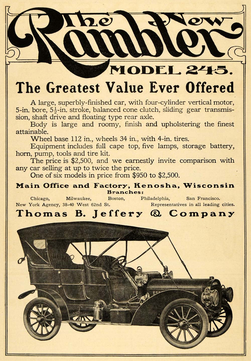 1907 Ad Rambler Model 245 Thomas Jeffery Automobile Car - ORIGINAL TW3 ...