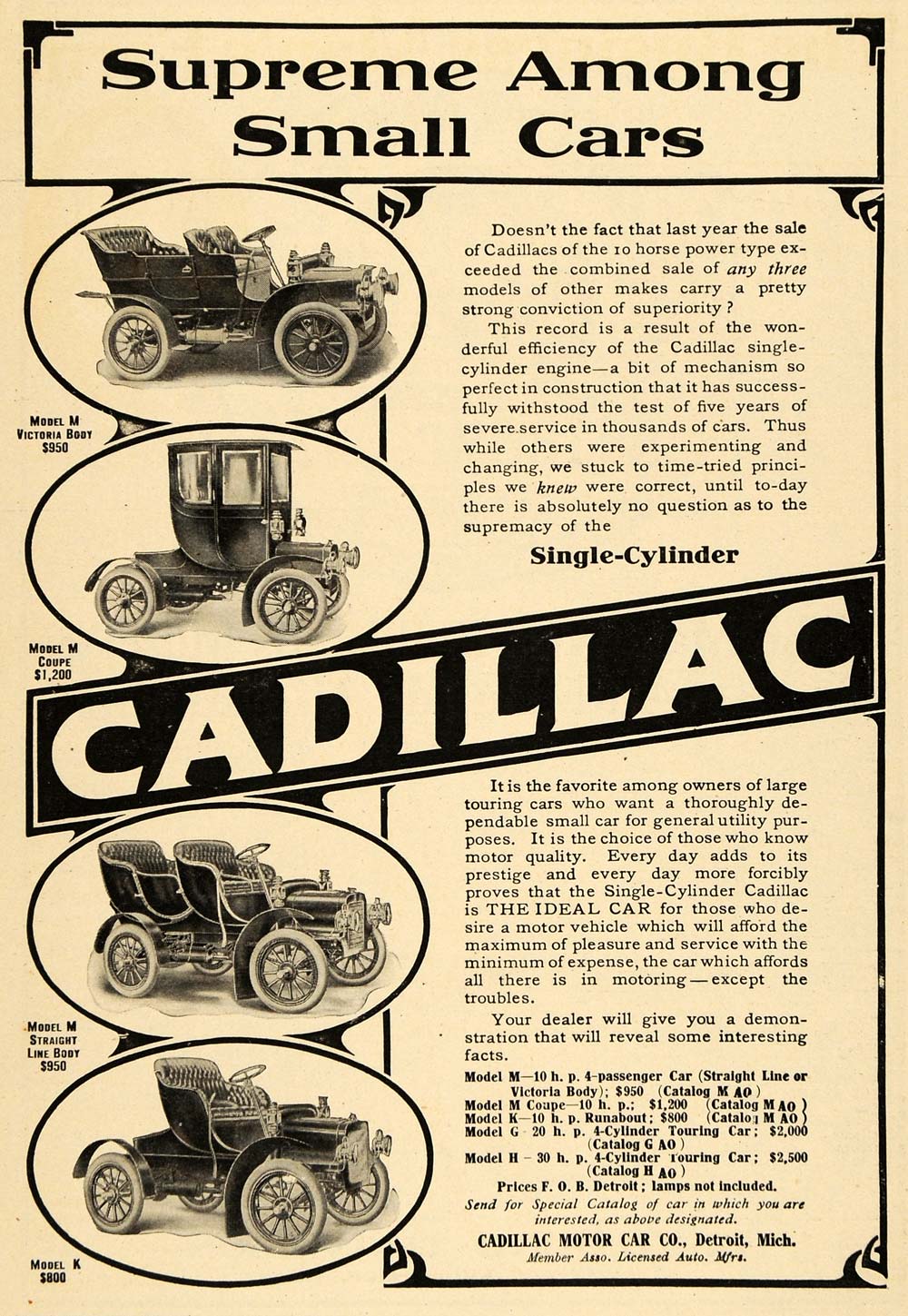 1907 Ad Cadillac Model K M Coupe Model Car Detroit Auto - ORIGINAL TW3