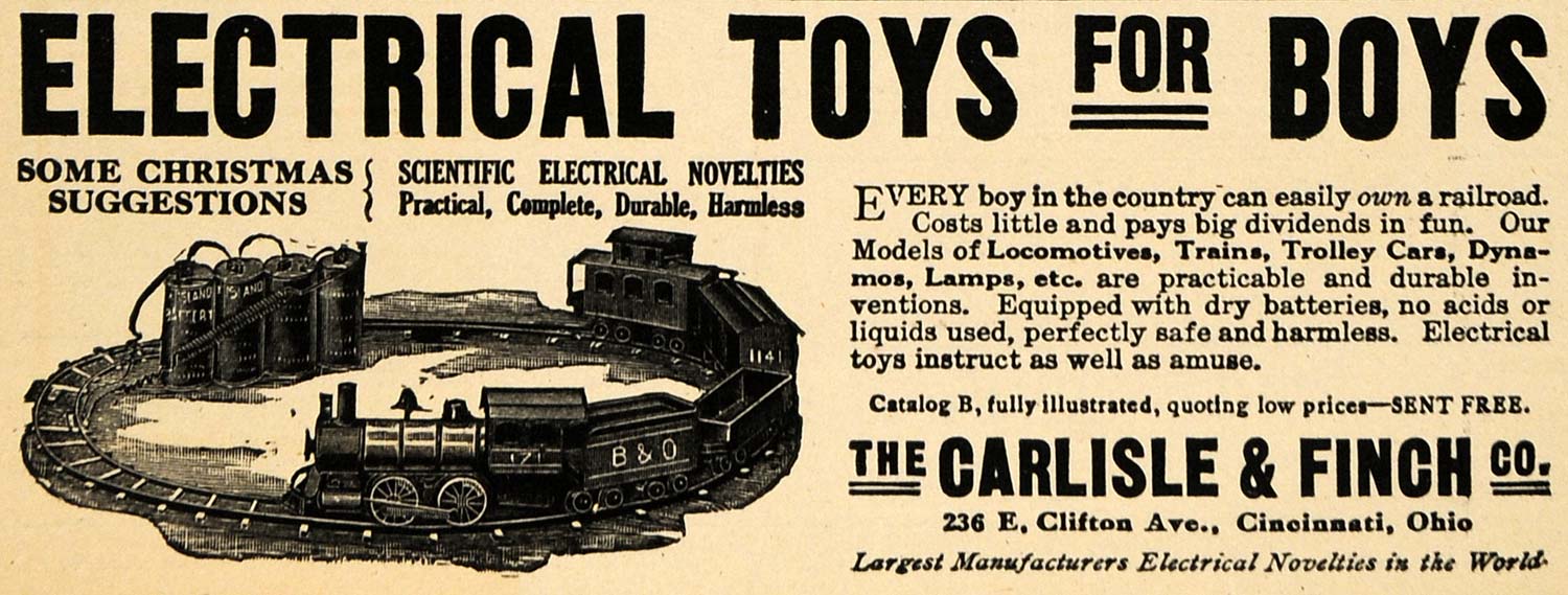 1910 Ad Electrical Toys Boys Train Carlisle Finch Car ORIGINAL ADVERTISING TW3