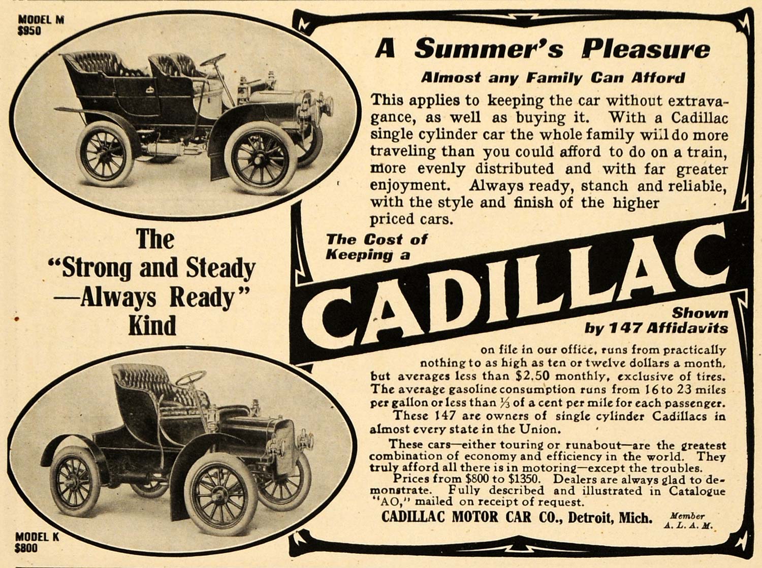 1907 Ad Cadillac Motor Car Detroit Model M K Vehicle - ORIGINAL ADVERTISING TW3