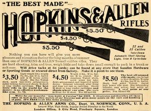 1907 Ad Hopkins Allen Rifles Norwich Firearms Pricing - ORIGINAL ADVERTISING TW3