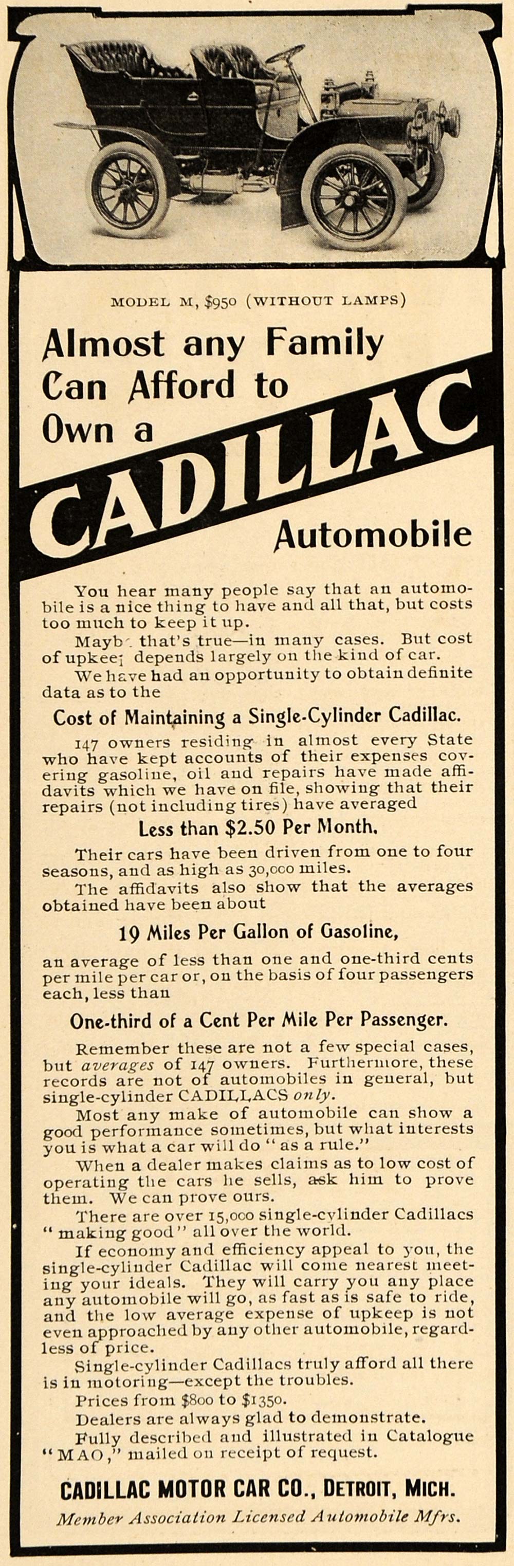 1907 Ad Cadillac Motor Car Detroit Automobile Model M - ORIGINAL ADVERTISING TW3