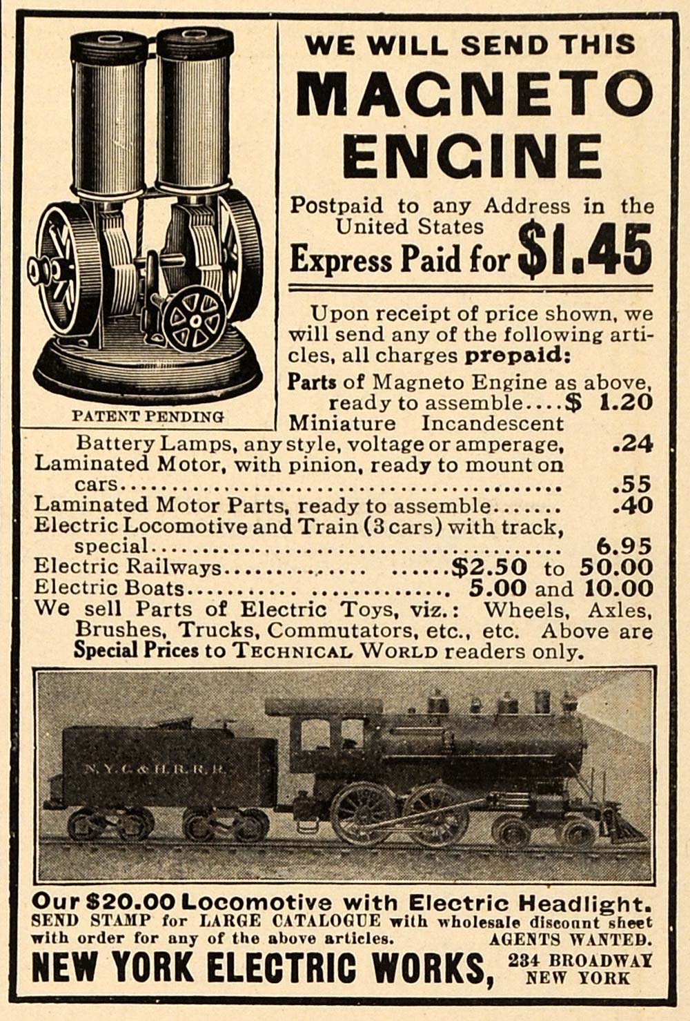 1906 Ad New York Electric Works Magneto Engine Railway - ORIGINAL TW3