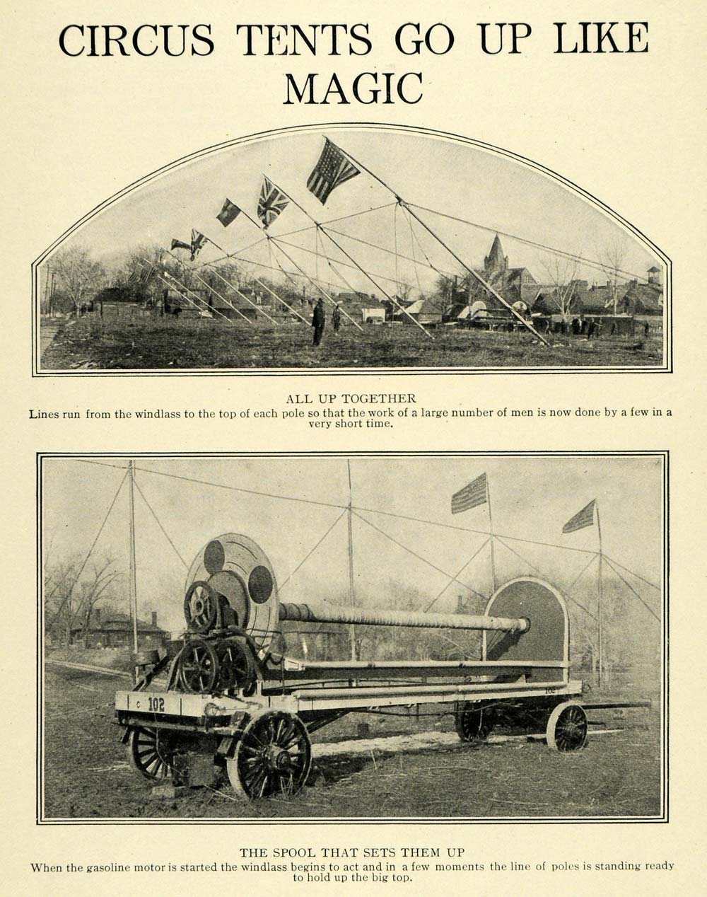 1914 Print Circus Tent Construction Windlass Gas Spool ORIGINAL HISTORIC TW3