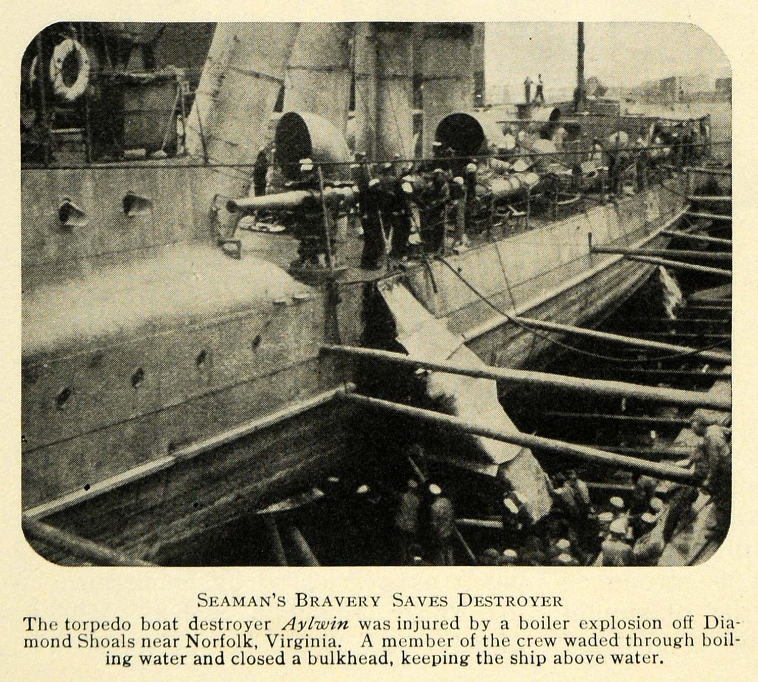 1914 Print Torpedo Boat Destroyer Aylwin Boiler Explode ORIGINAL HISTORIC TW3