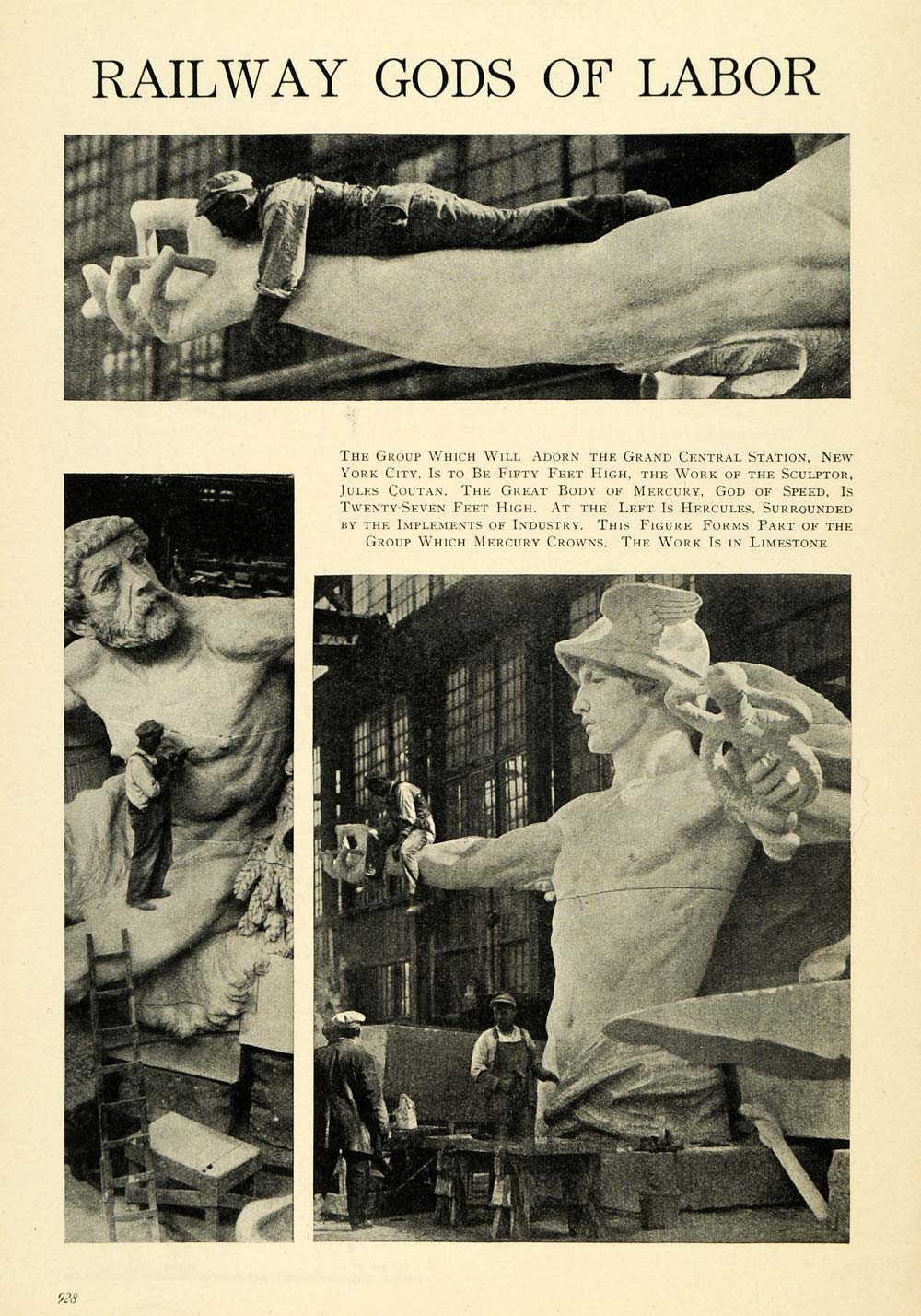 1914 Print Grand Central Station Limestone Statue Gods ORIGINAL HISTORIC TW3