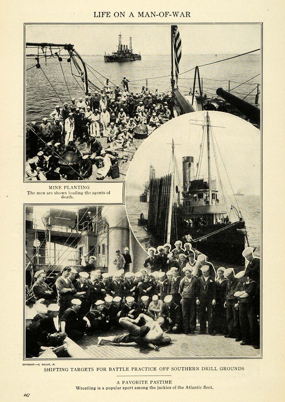 1913 Print Navy Sailors Wrestling Jackies Mine Planting ORIGINAL HISTORIC TW3