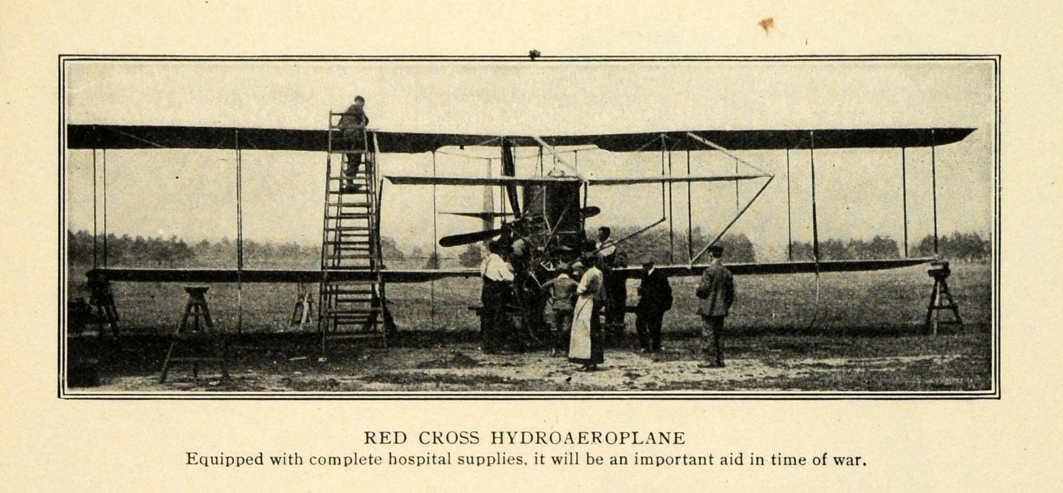 1913 Print Red Cross Hydroaeroplane Medical Airplane - ORIGINAL HISTORIC TW3