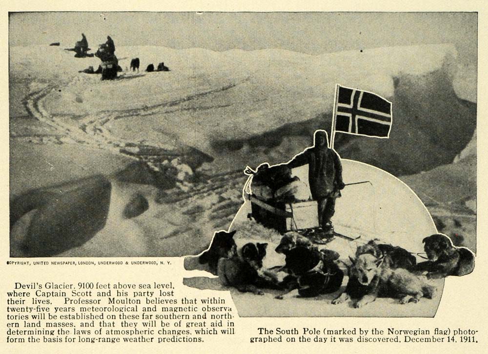 1913 Print South Pole Discover Devil Glacier Scott Dead ORIGINAL HISTORIC TW3
