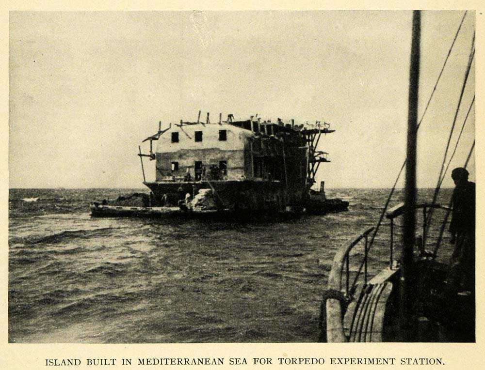 1909 Print Manmade Island Torpedo Station Mediterannean ORIGINAL HISTORIC TW3