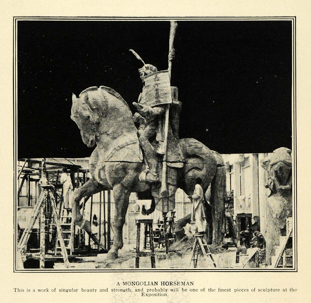 1914 Print Mongolian Horseman Statue Panama Expo Fair - ORIGINAL HISTORIC TW3