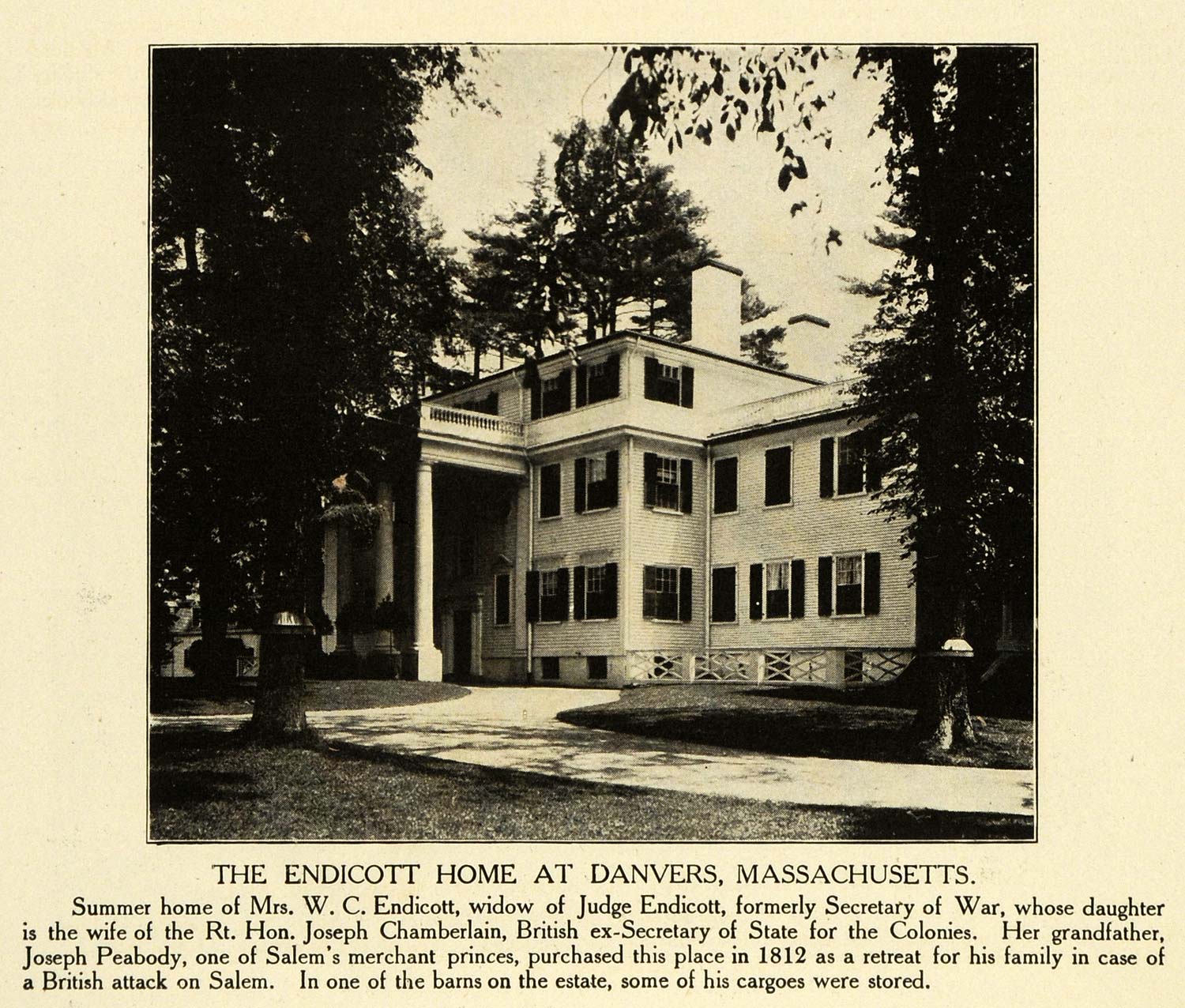 1906 Print Governor Endicott Home Danvers Massachusetts ORIGINAL HISTORIC TW3