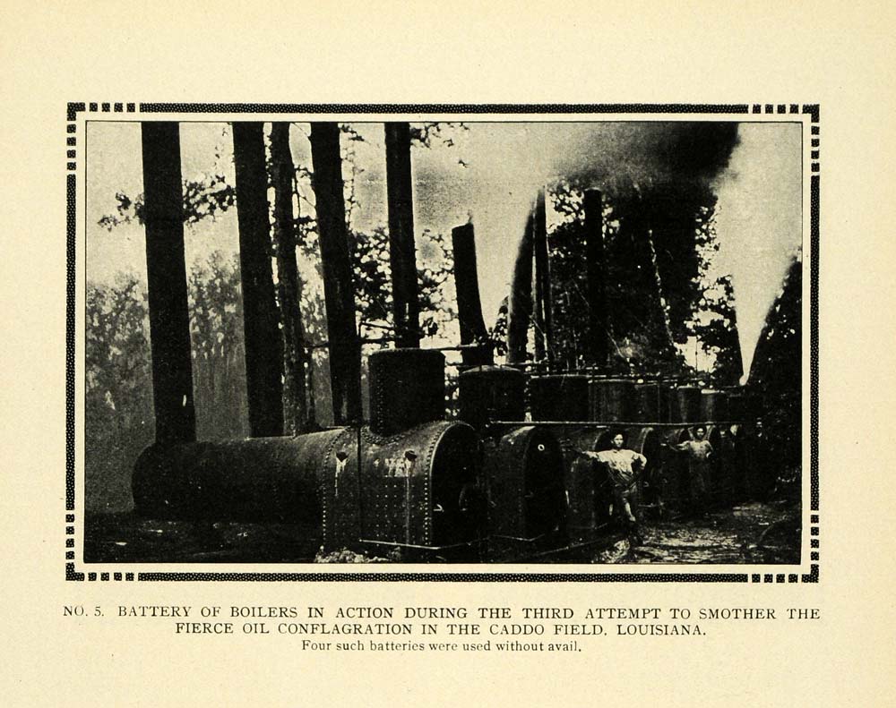 1911 Print Fierce Oil Conflagration Battery Boilers LA ORIGINAL HISTORIC TW4
