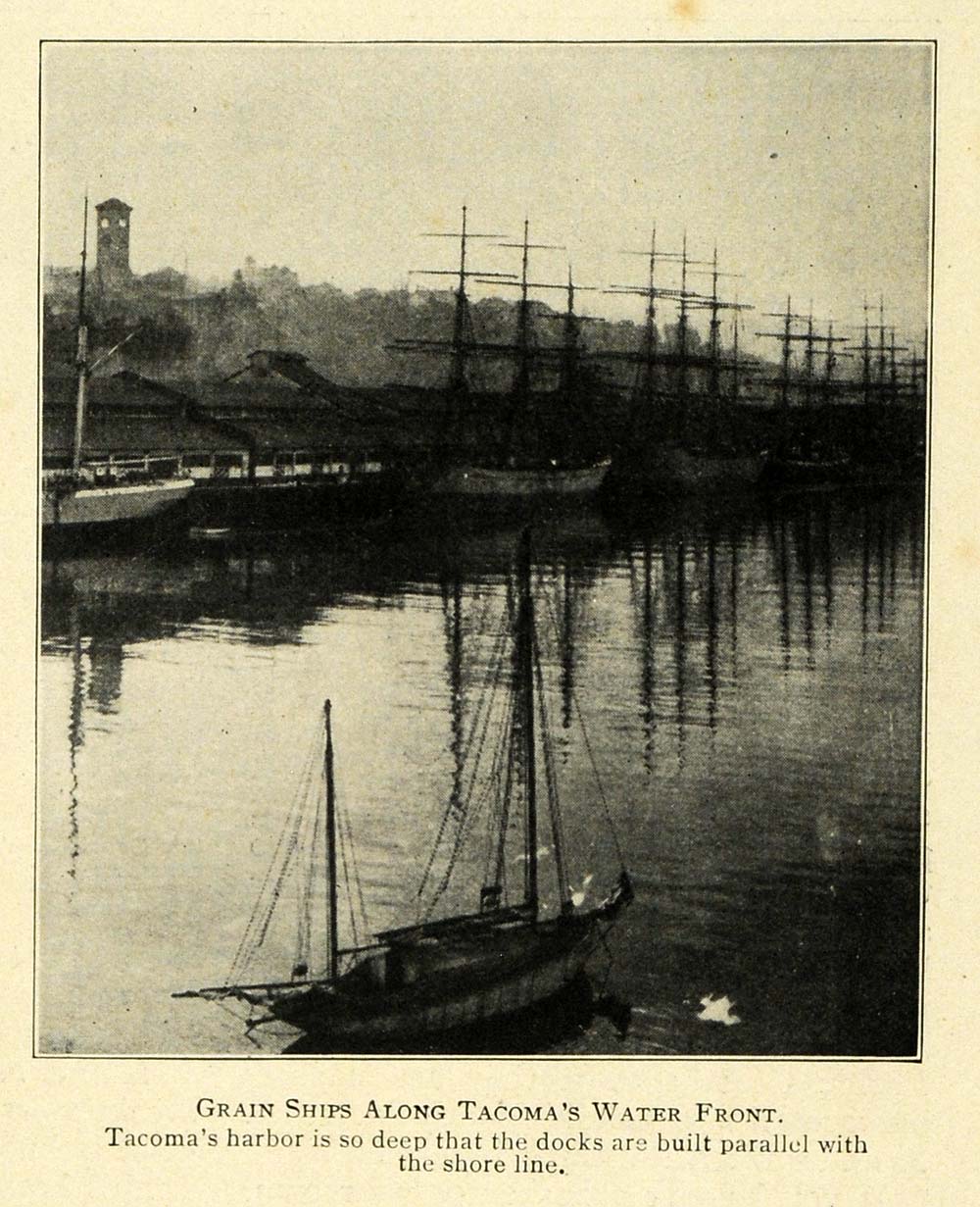 1911 Print Grain Ship Along Tacoma Water Front Seaport ORIGINAL HISTORIC TW4