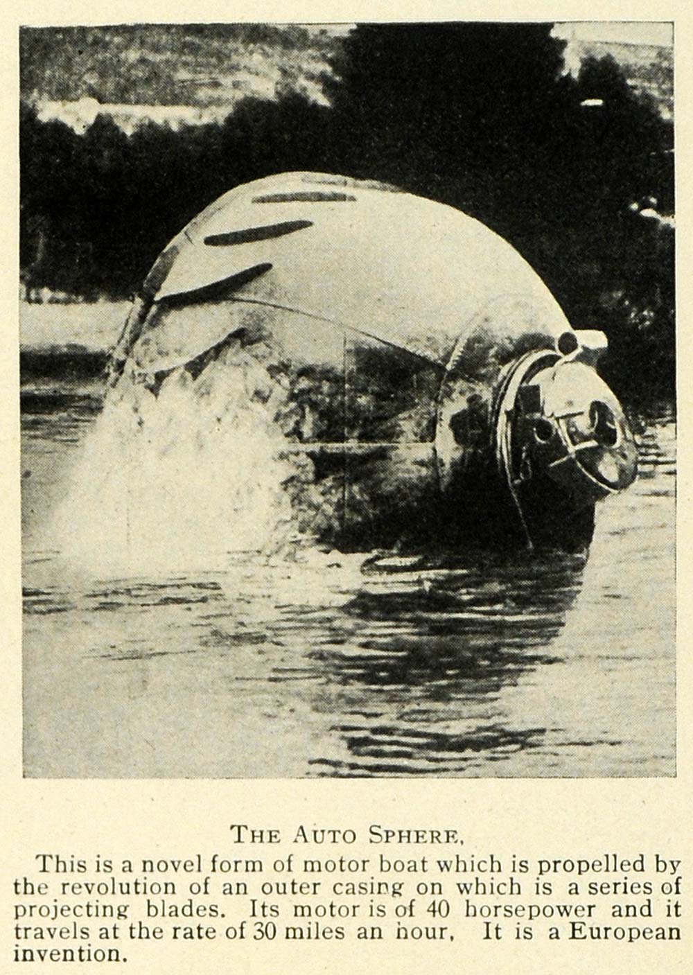1912 Print Auto Sphere Motor Boat Invention Science Blade Sailing Research TW4