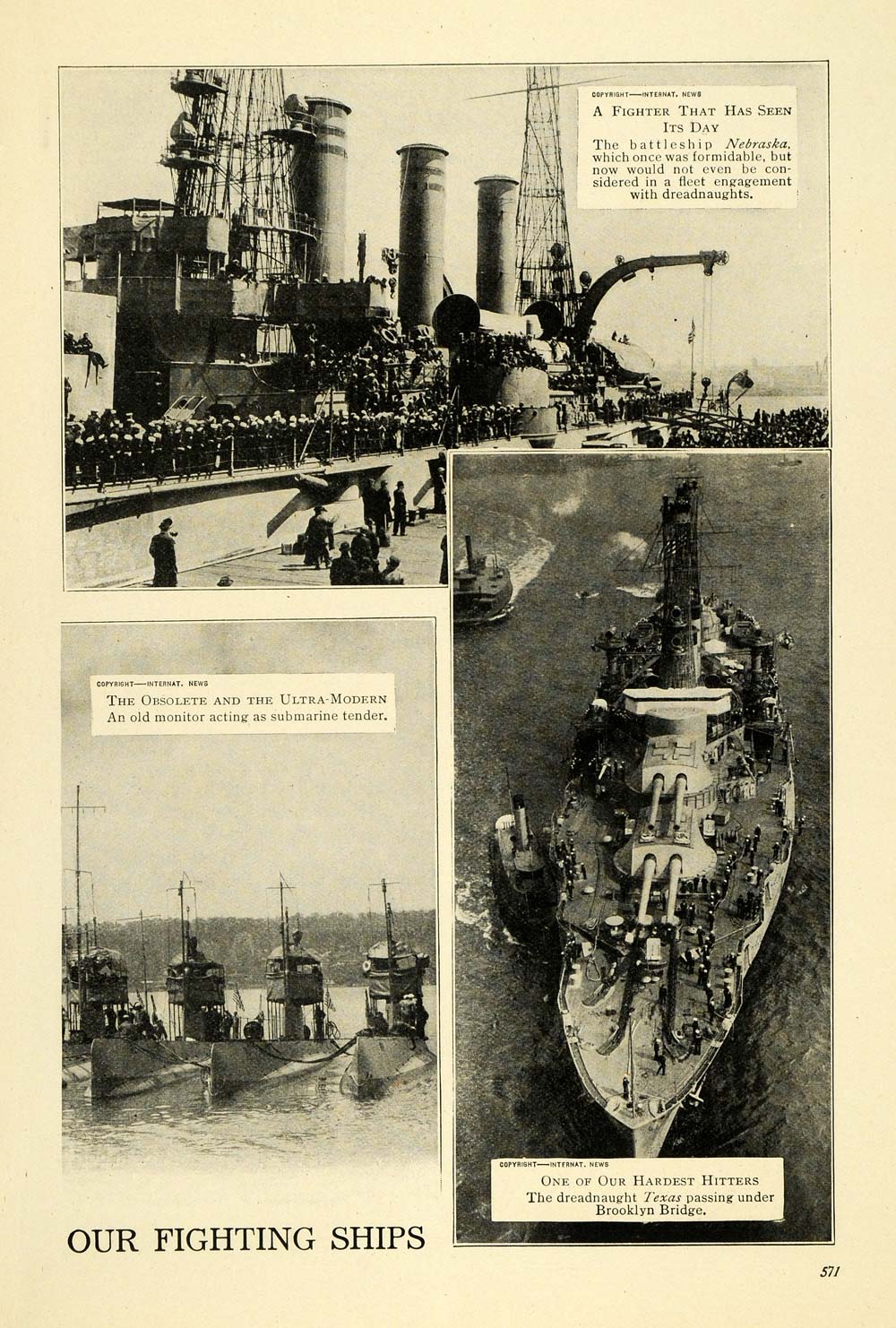 1915 Print WWI Ships Dreadnoughts Texas Nebraska Submarines Brooklyn Bridge TW4