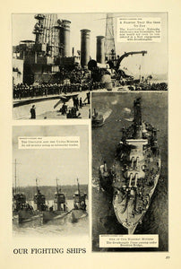 1915 Print WWI Ships Dreadnoughts Texas Nebraska Submarines Brooklyn Bridge TW4