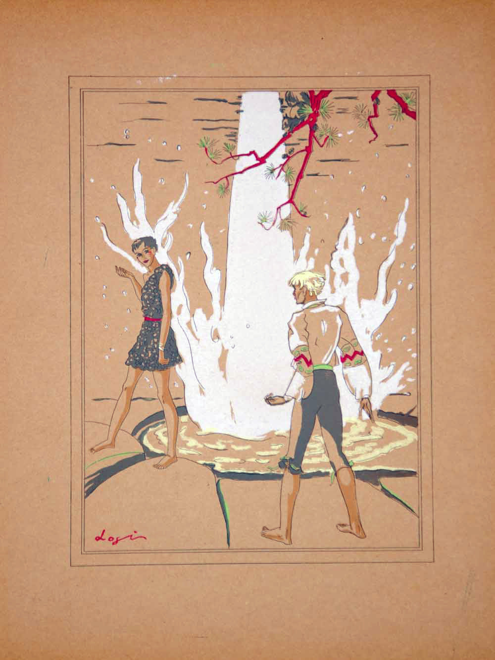 1934 Pochoir Print Logi Southby Art Prince Pool Water Fantasy Story Illustration