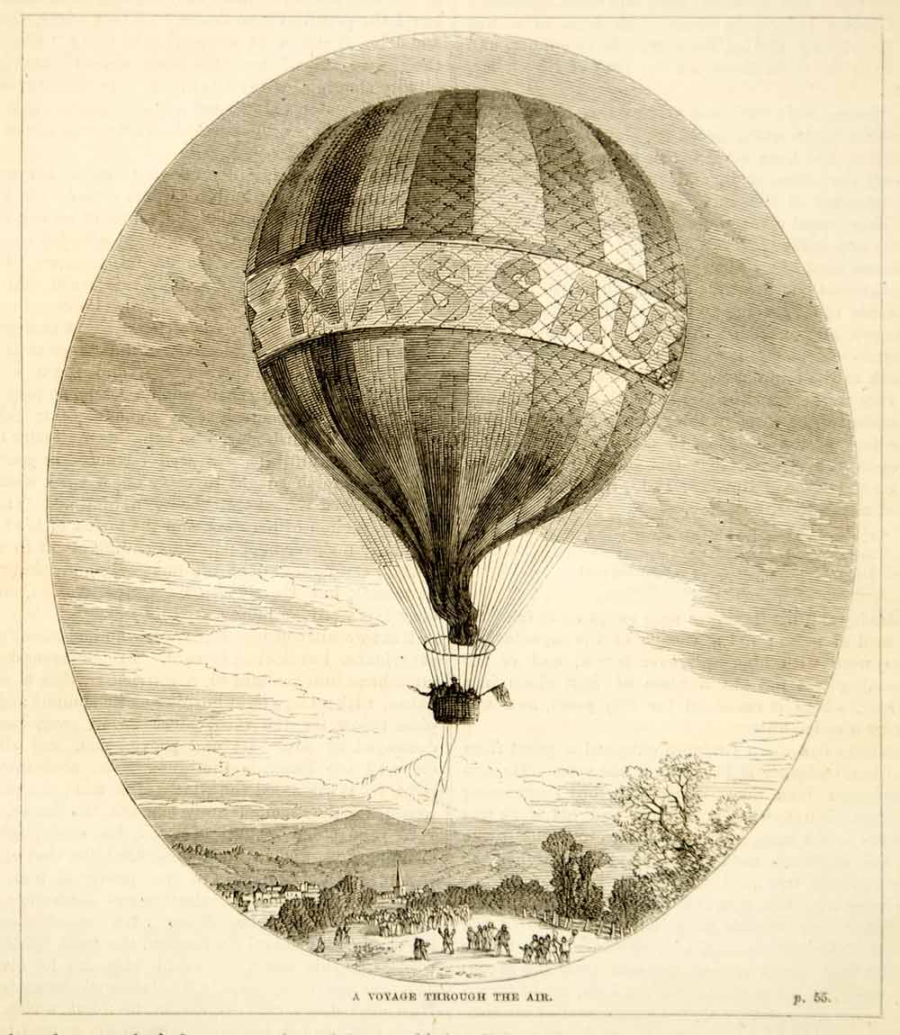 1876 Wood Engraving The Great Nassau Hot Air Balloon Flight Charles Green TWW1