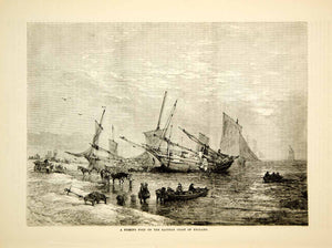 1876 Wood Engraving Antique Fishing Port Sail Boats Fishermen England Coast TWW1