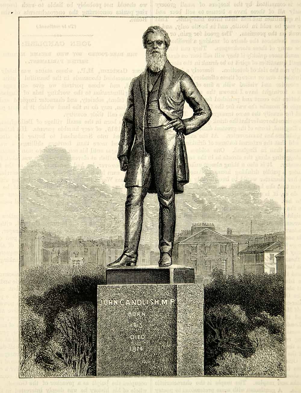 1876 Wood Engraving John Candlish MP Statue Mowbray Park Sunderland England TWW1
