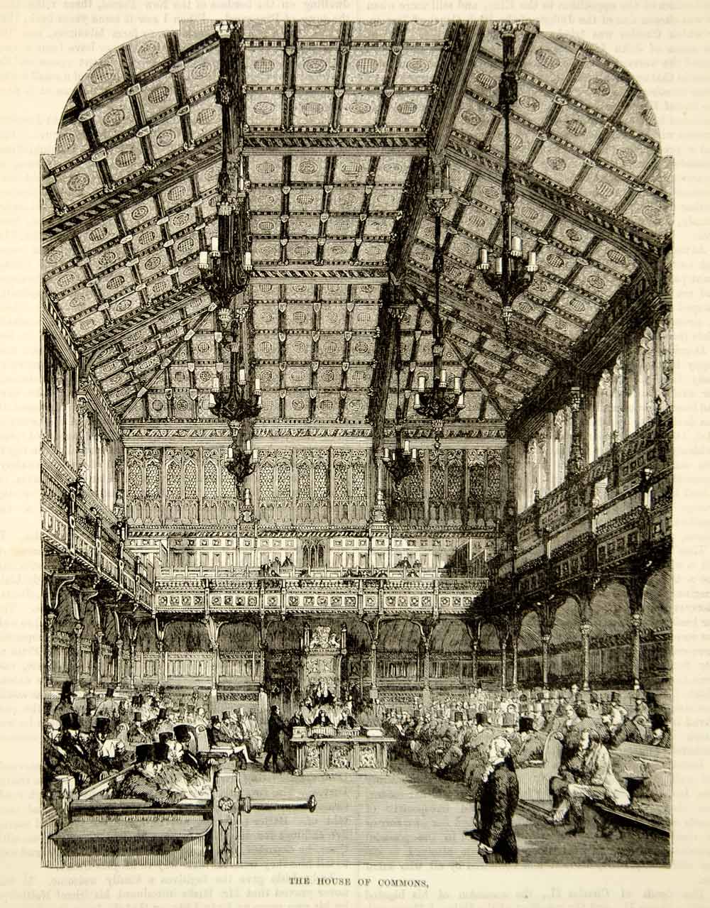 1876 Wood Engraving House of Commons Interior Parliament Westminster London TWW1