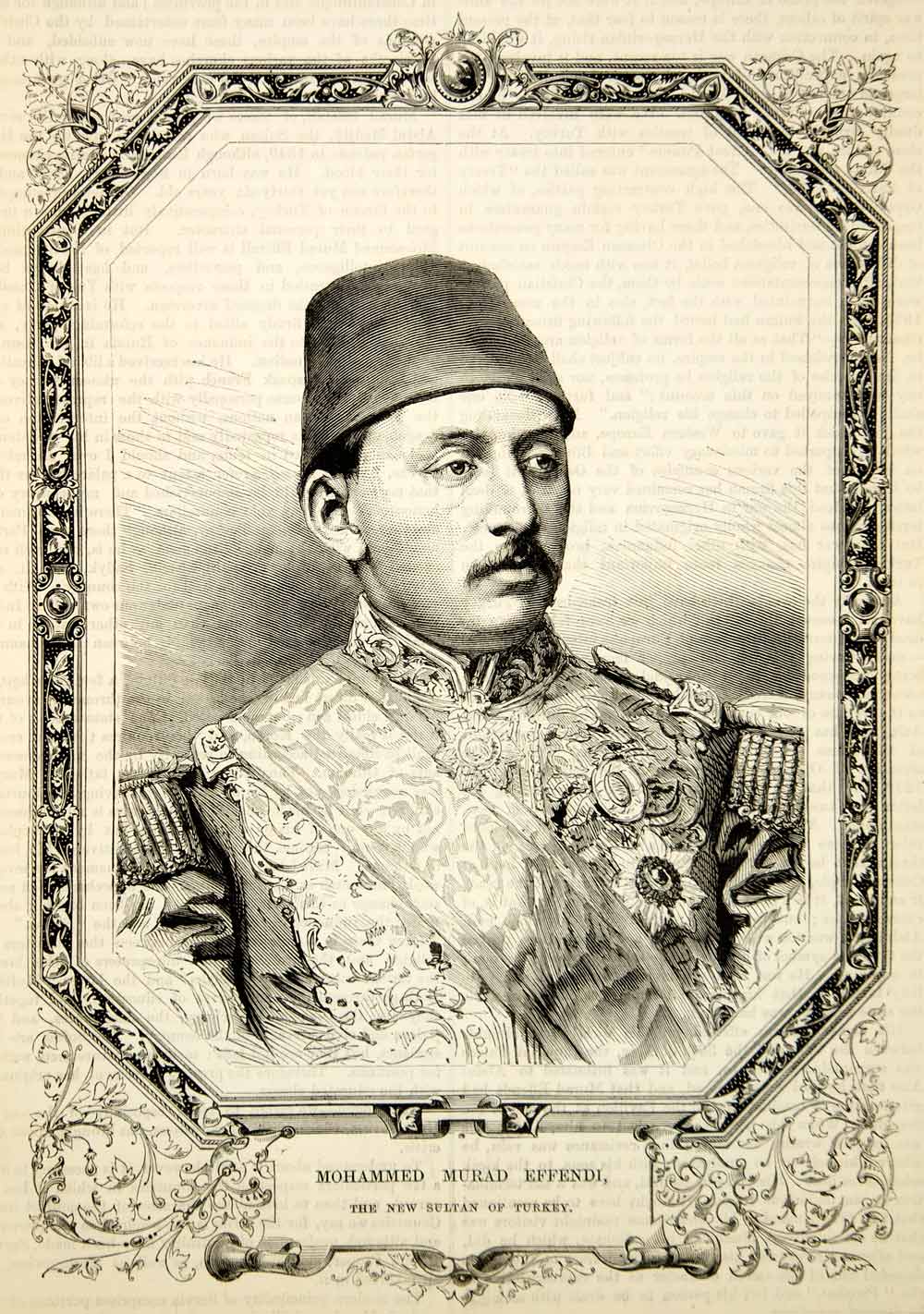 1876 Wood Engraving Murad V Mohammed Murad Effendi Sultan Ottoman Empire TWW1