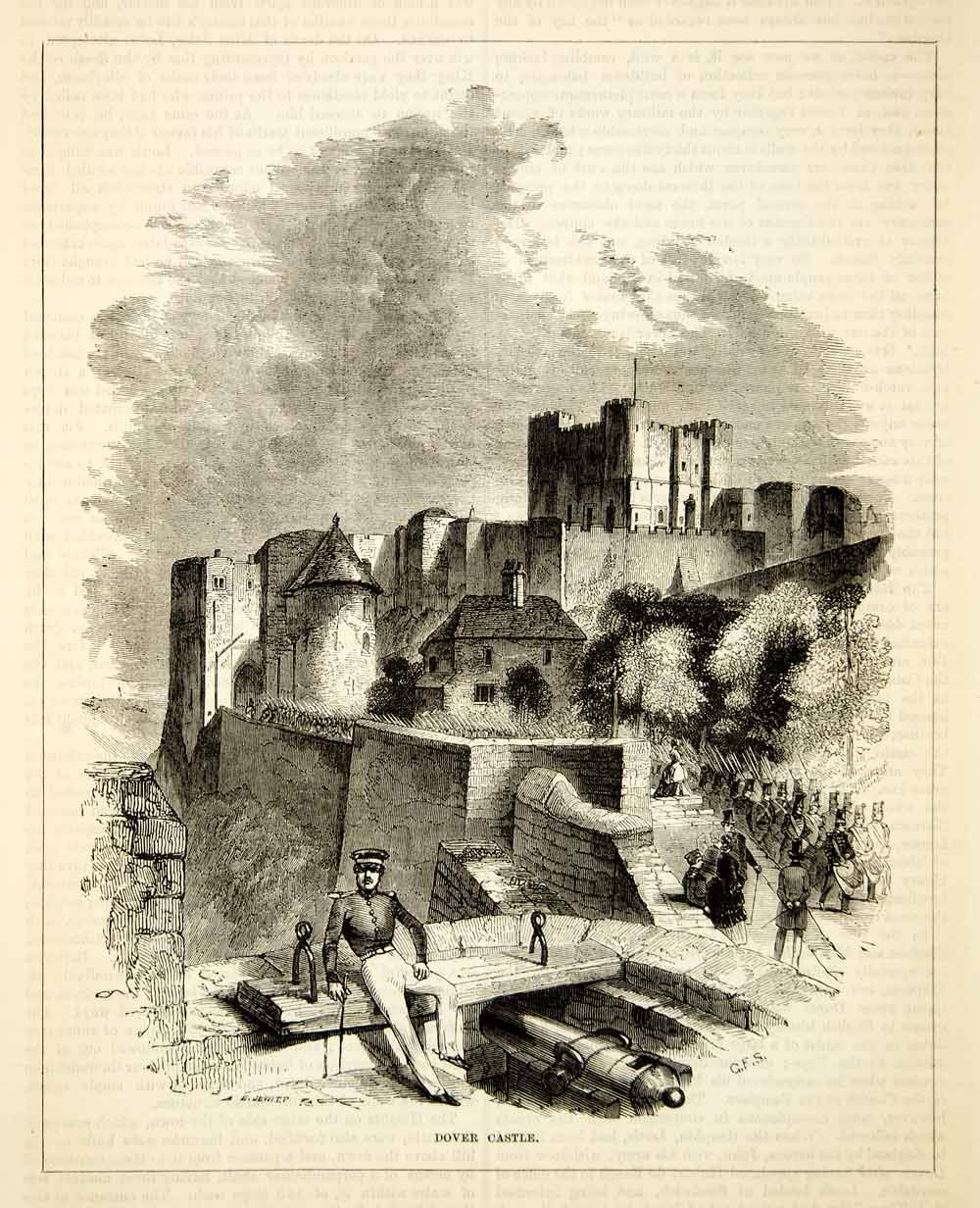 1876 Wood Engraving Antique Dover Castle Medieval Fortress Key to England TWW1