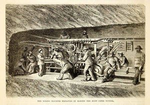 1876 Wood Engraving Antique Boring Machine Tunnel Mont Cenis Cottian Alps TWW1