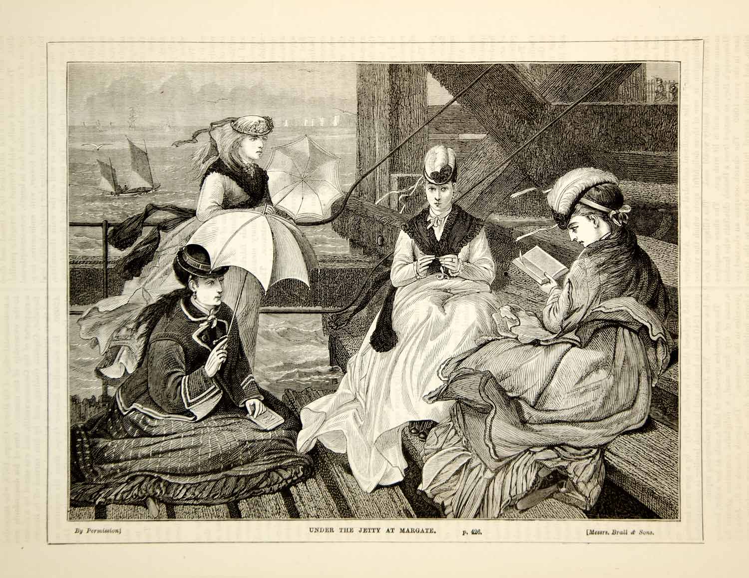 1876 Wood Engraving Antique Victorian Ladies Margate Pier Jetty England TWW1