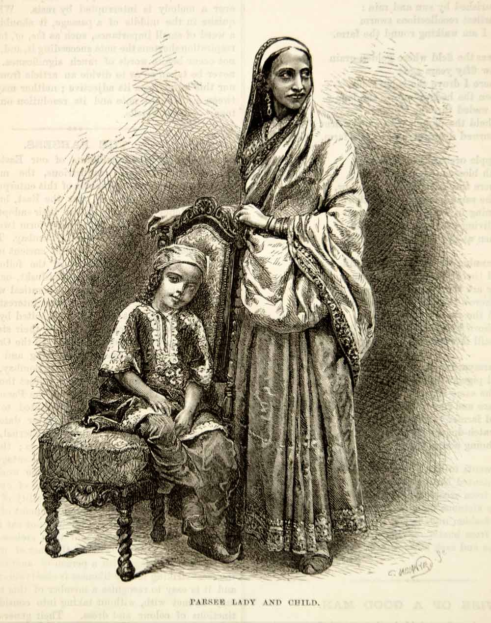 1876 Wood Engraving Antique Parsi Parsee Lady Child India Folk Costume Sari TWW1