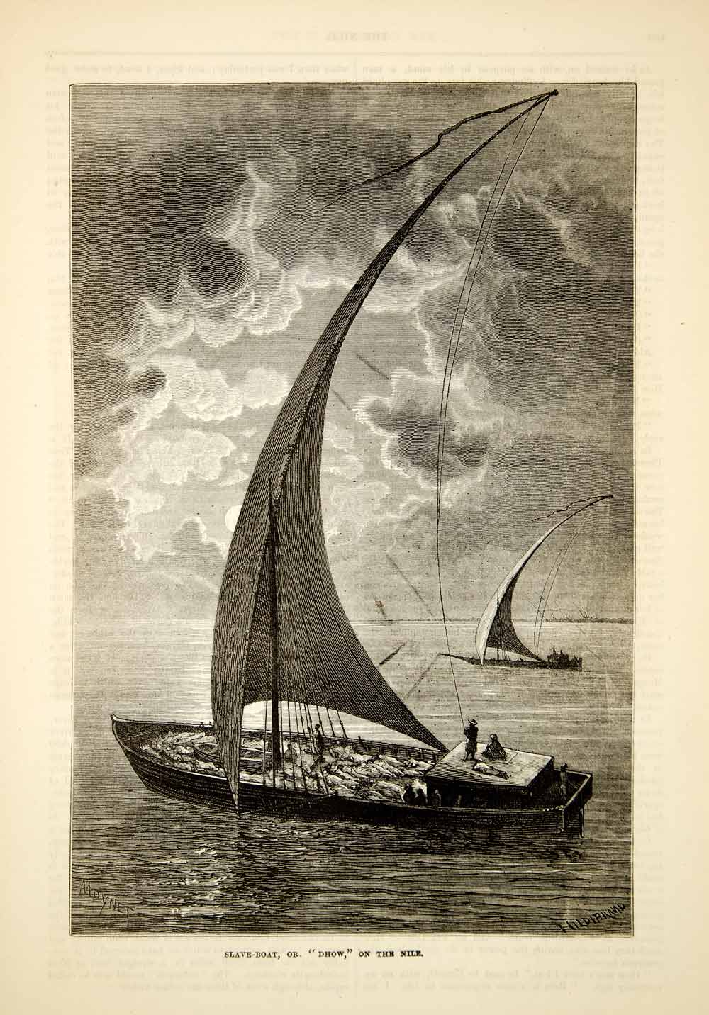 1876 Wood Engraving Antique Slave Ship Boat Dhow Sailing Vessel Nile River TWW1