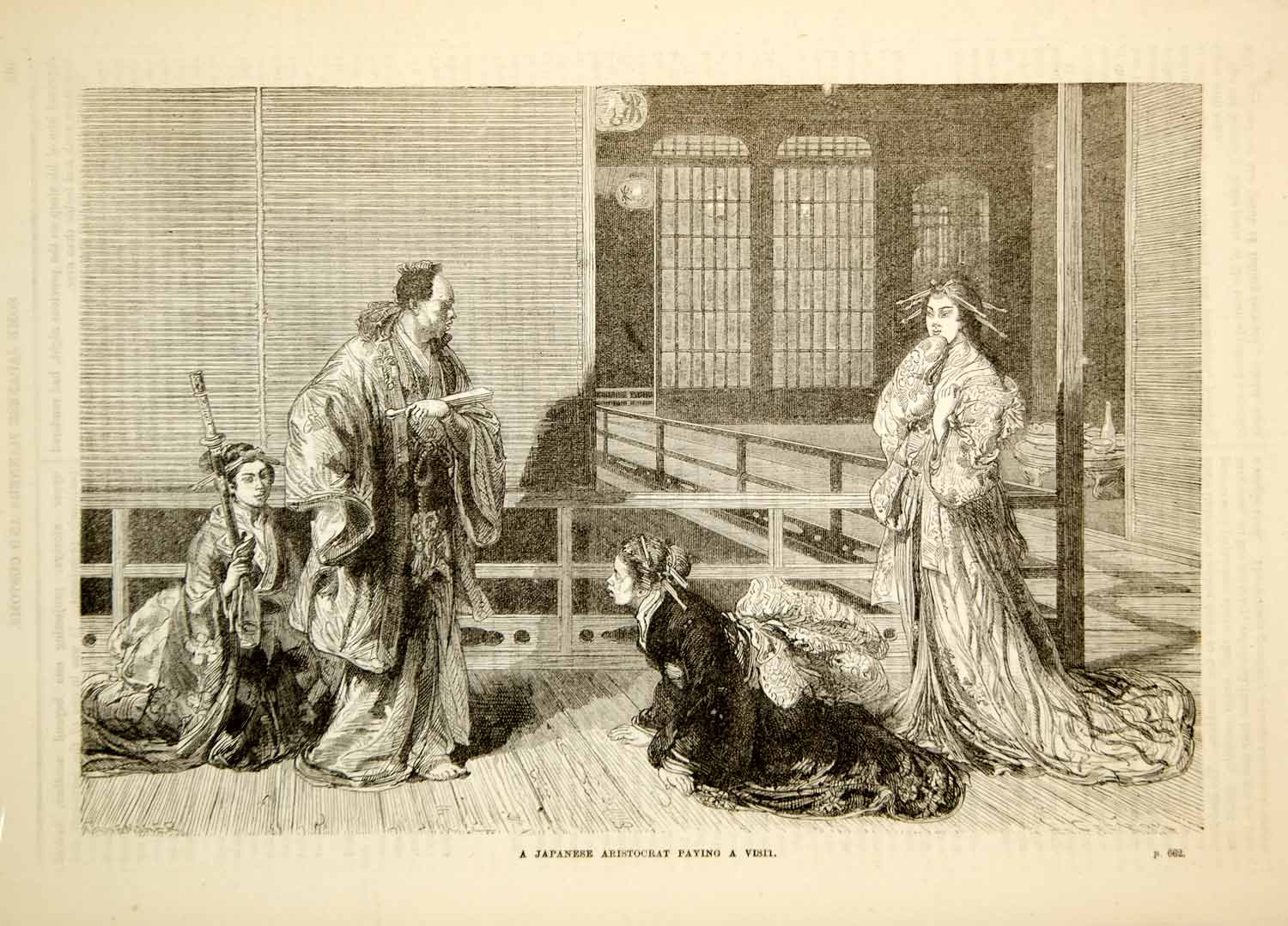 1876 Wood Engraving Antique Japanese Aristocrat Ceremony Costume Japan TWW1