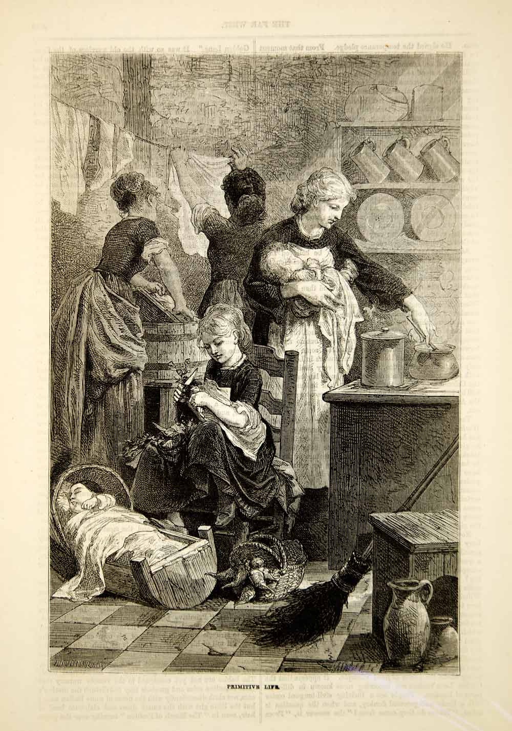1876 Wood Engraving Antique Victorian Kitchen Mother Baby Cradle Children TWW1
