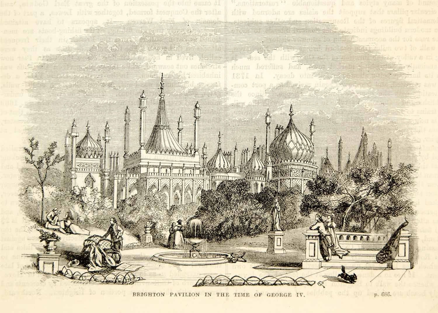 1876 Wood Engraving Antique Royal Pavilion Brighton England King George IV TWW1