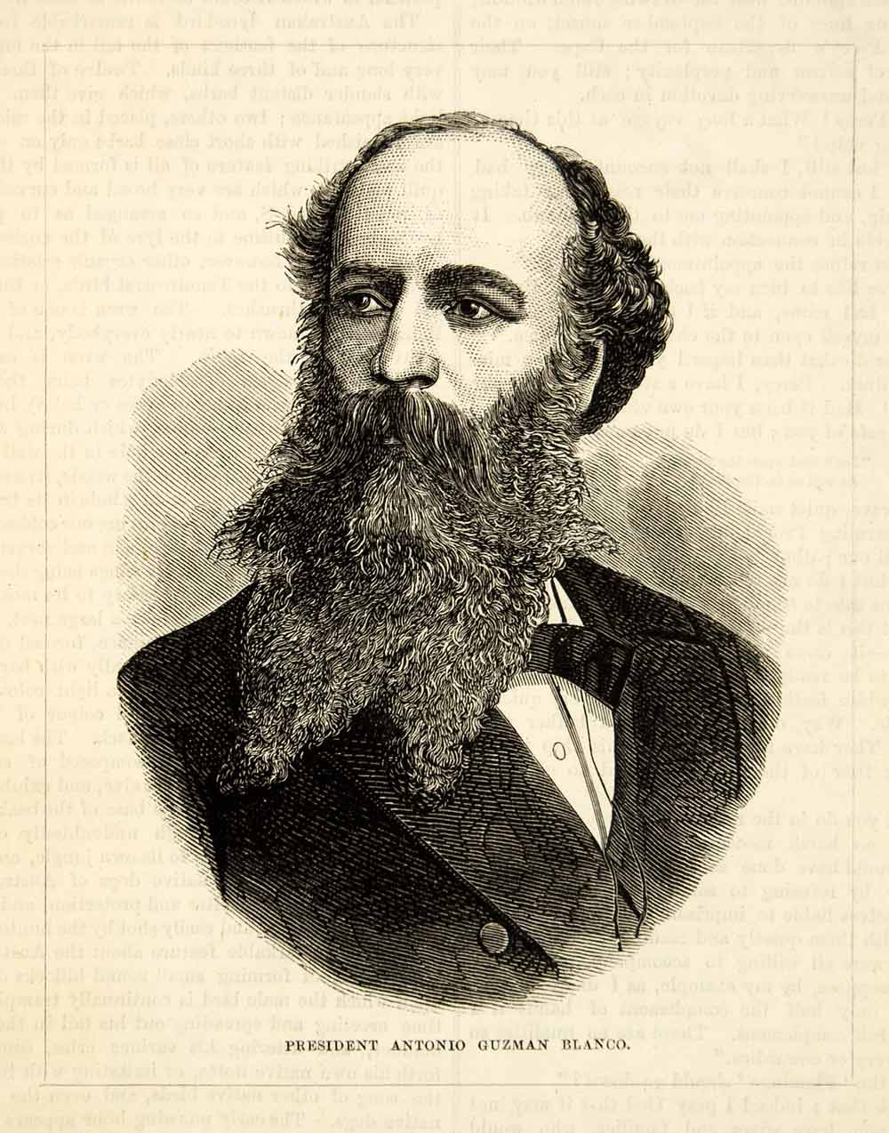 1876 Wood Engraving Antonio Guzman Blanco President Venezuela Portrait TWW1