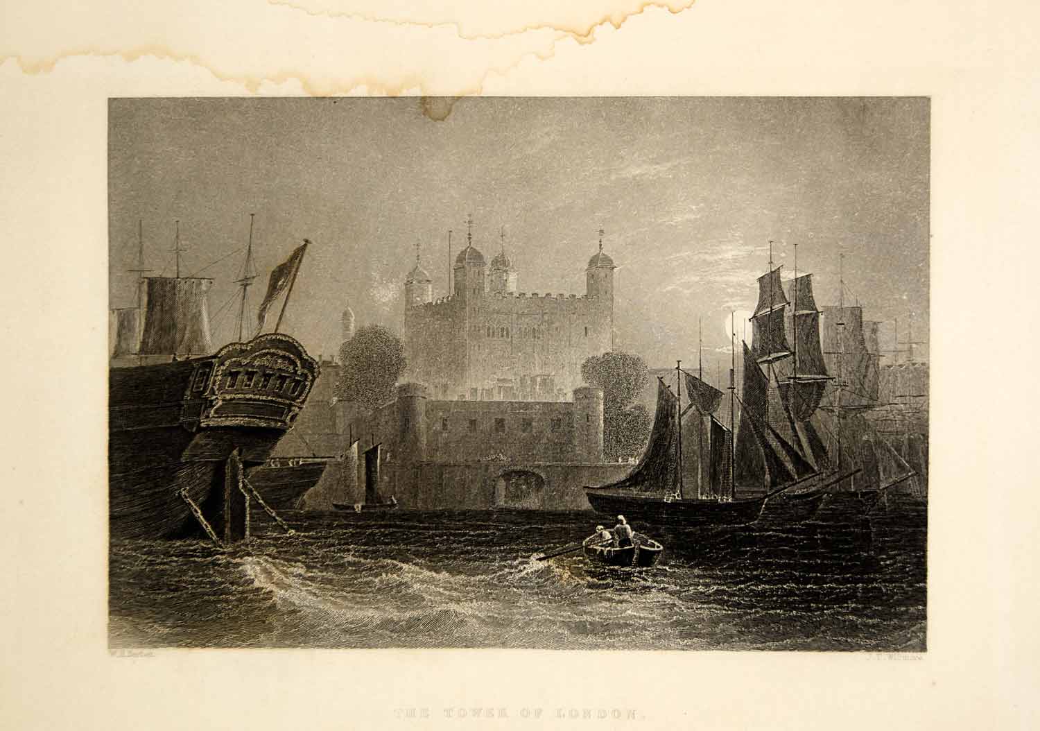 1876 Steel Engraving Antique Tower of London Thames River Boats Ship Moon TWW1