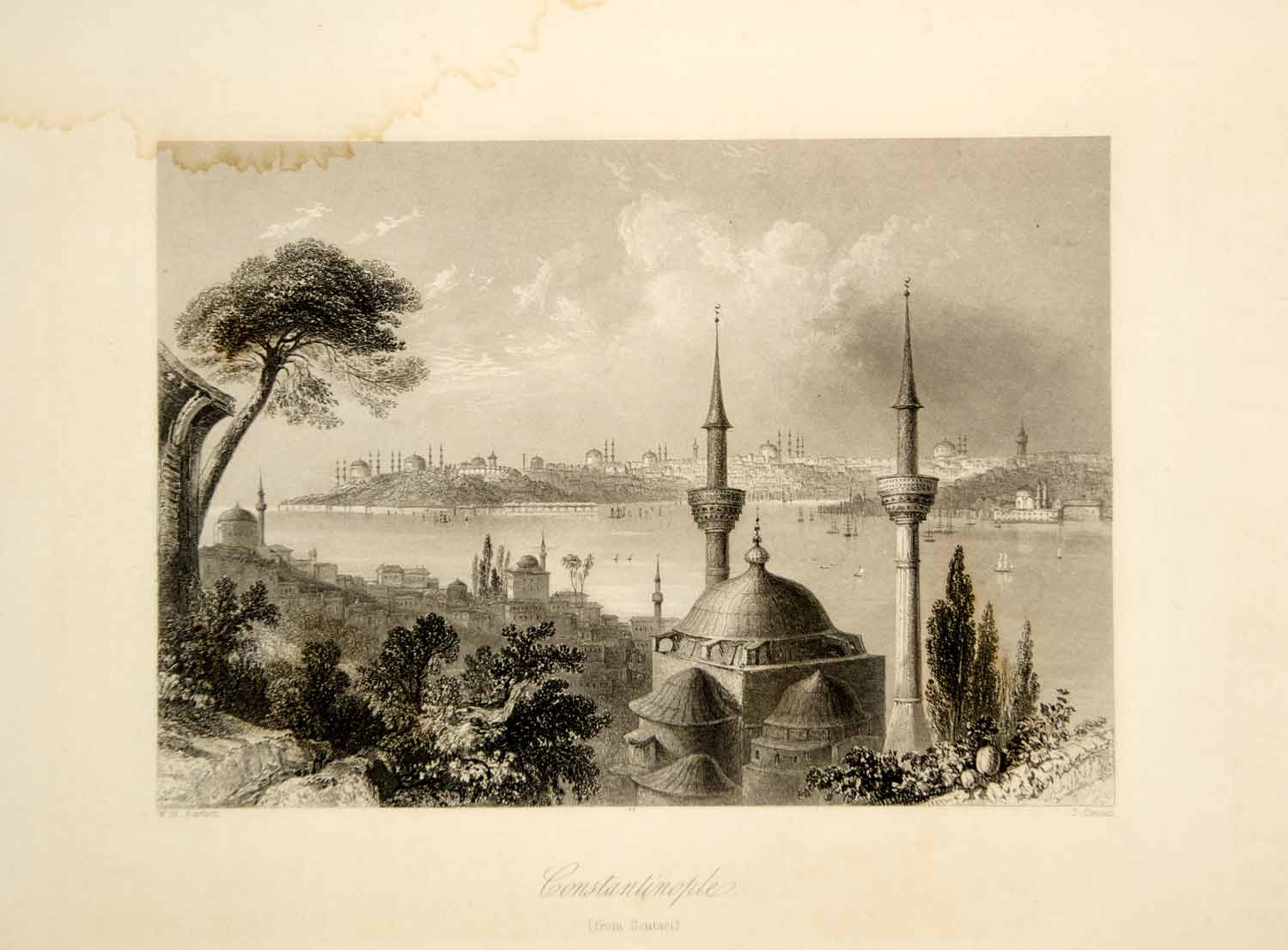 1876 Steel Engraving Antique Constantinople Bosphorus Istanbul Turkey City TWW1