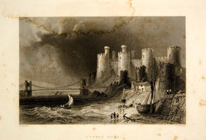 1876 Steel Engraving Conwy Castle Quay Conway Wales Medieval Fortress Walls TWW1