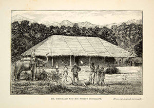 1910 Wood Engraving Anaimalai Hills Forest Bungalow India Elephant Hunter TYJ1