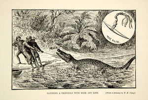 1910 Wood Engraving Crocodile Hunting Malay People Alir Malaysia Wildlife TYJ1