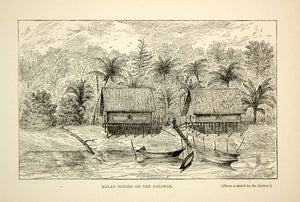 1910 Wood Engraving Malay Houses Boats Sarawak Borneo William T. Hornaday TYJ1
