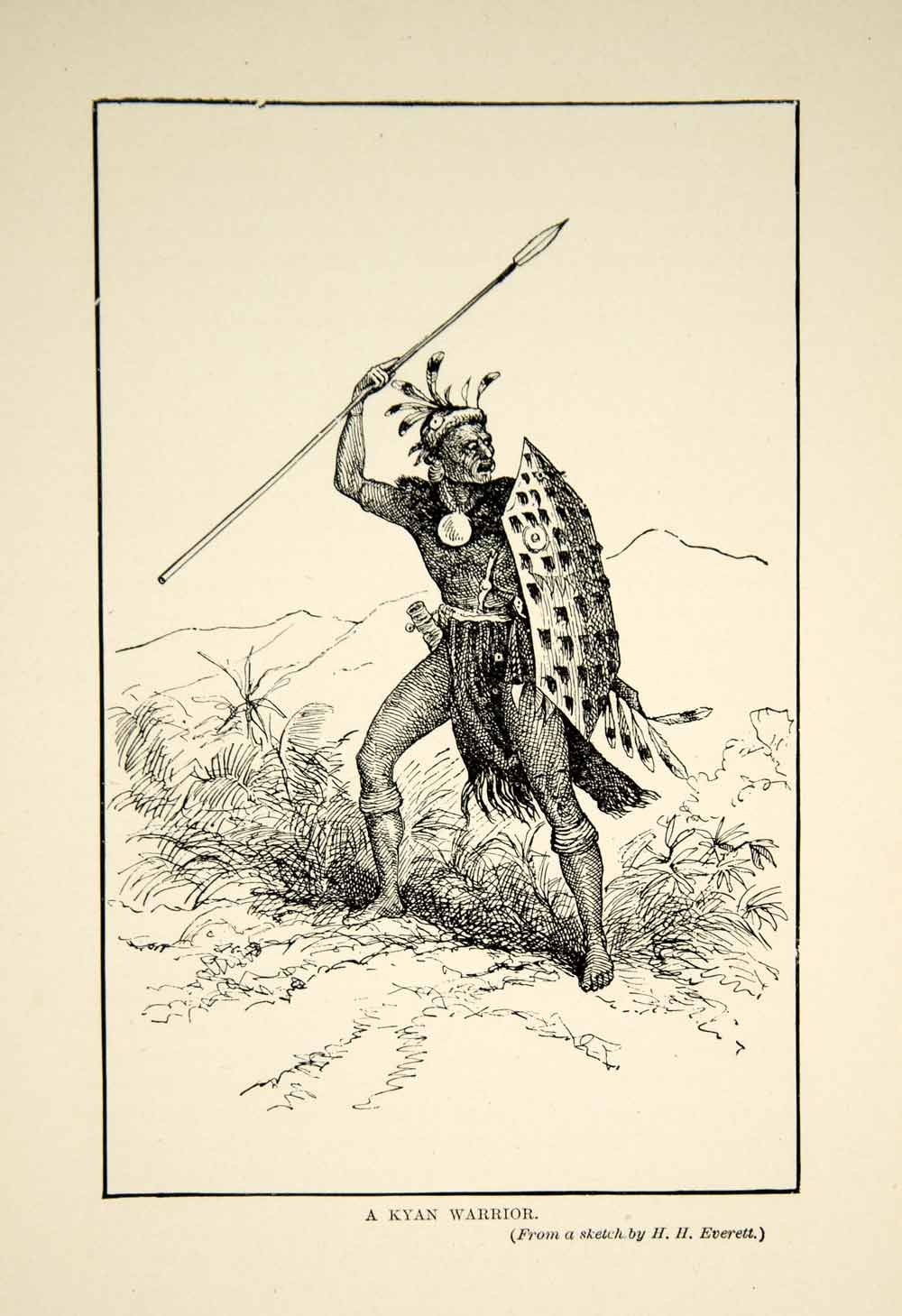 1910 Wood Engraving Kayan Warrior Spear Shield Indigenous People Borneo TYJ1