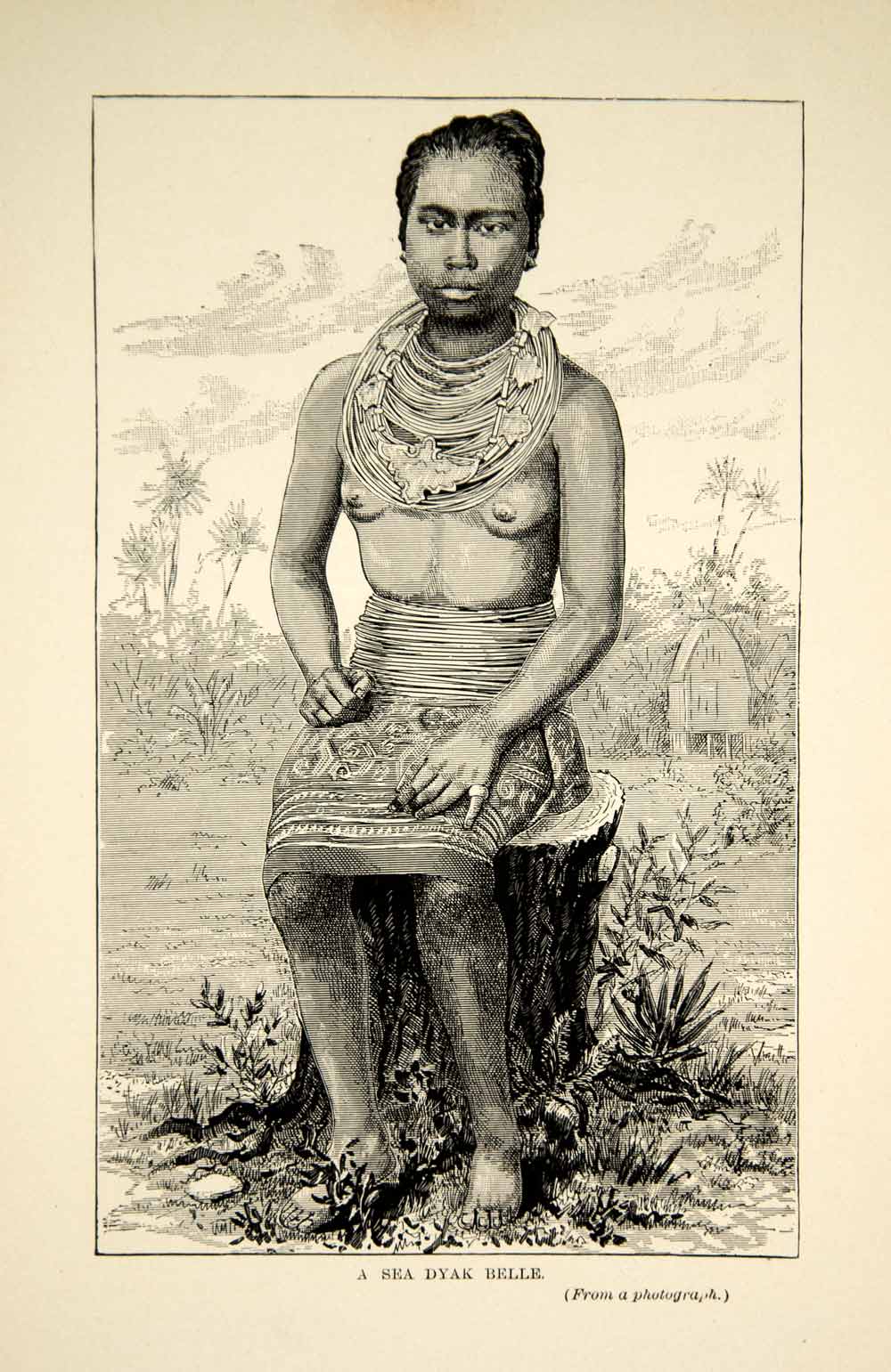 1910 Wood Engraving Sea Dyak Iban Woman Costume Indigenous People Borneo TYJ1