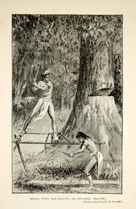 1910 Wood Engraving Dayak Men Biliong Axe Adze Tool Chopping Tree Borneo TYJ1