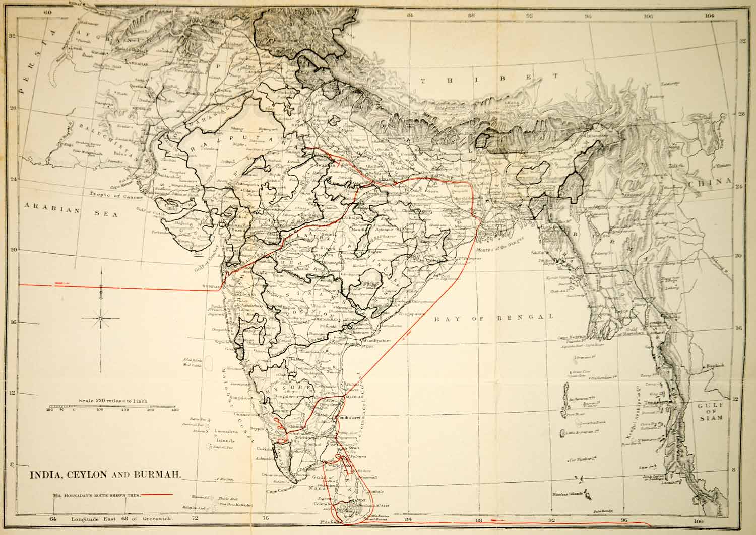 1910 Wood Engraved Map India Ceylon Burma Sri Lanka Myanmar Southeast Asia TYJ1