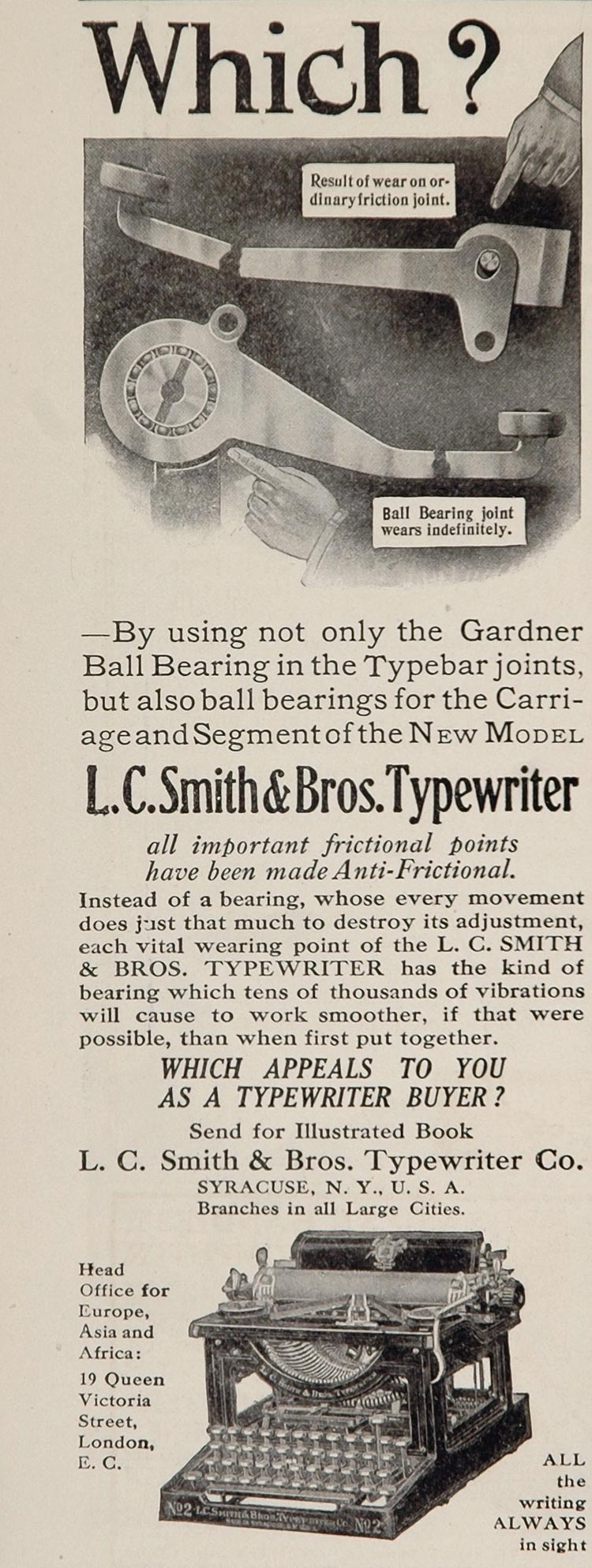1909 Print Ad L C Smith Typewriter Gardner Ball Bearing - ORIGINAL ADVERTISING